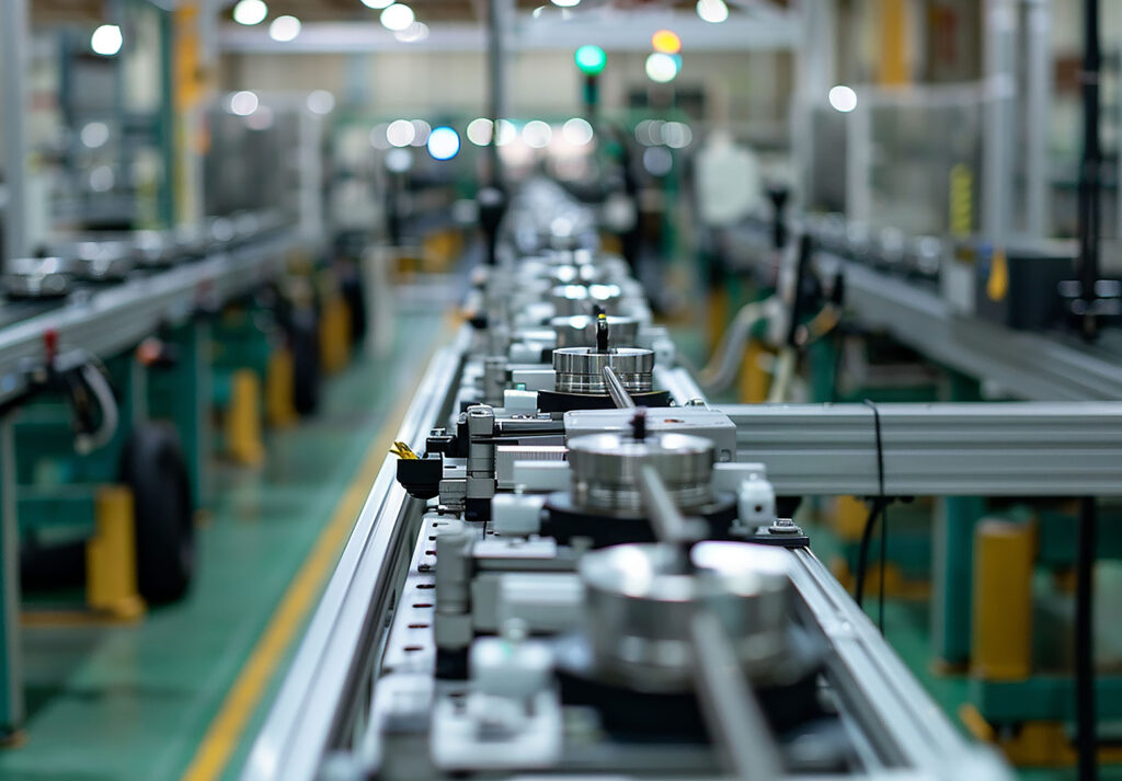 Modern fabrika üretim bandı üzerinde otomasyon makineleri.