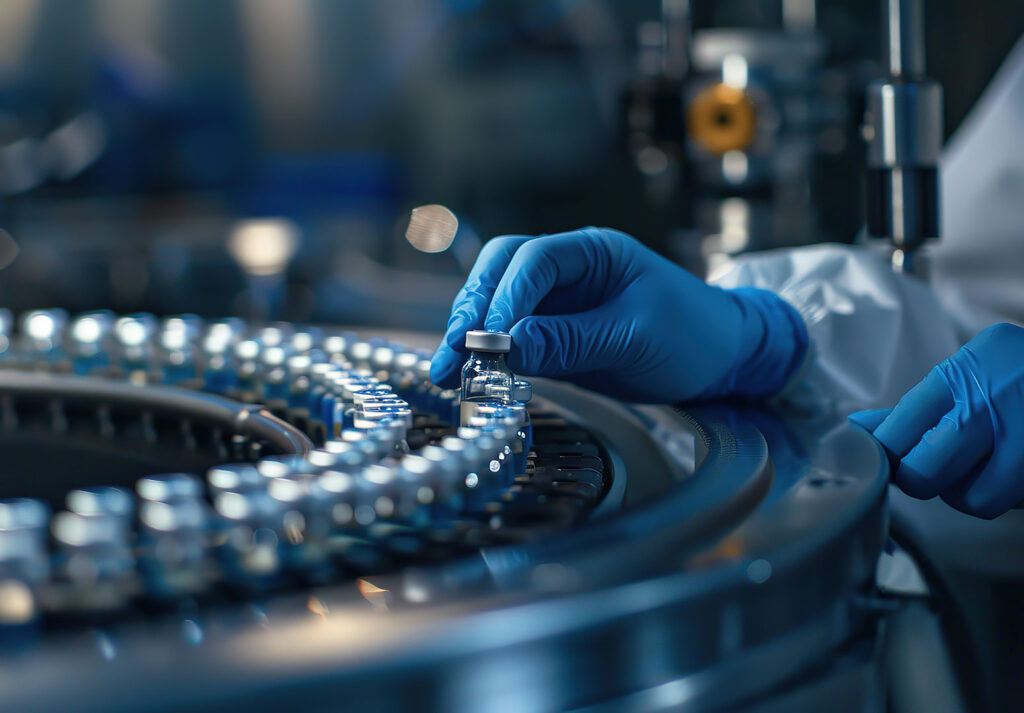 Mavi eldivenli çalışan, dairesel üretim hattında ilaç şişelerini kontrol ediyor.