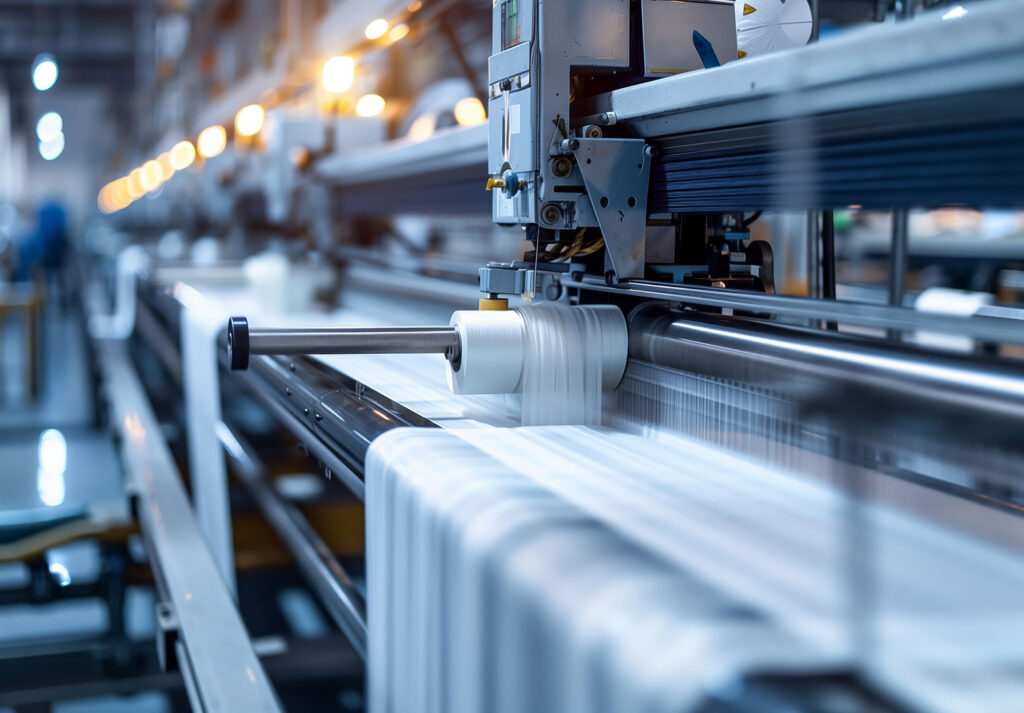 Tekstil fabrikasında beyaz kumaş üretim makinesi çalışıyor.