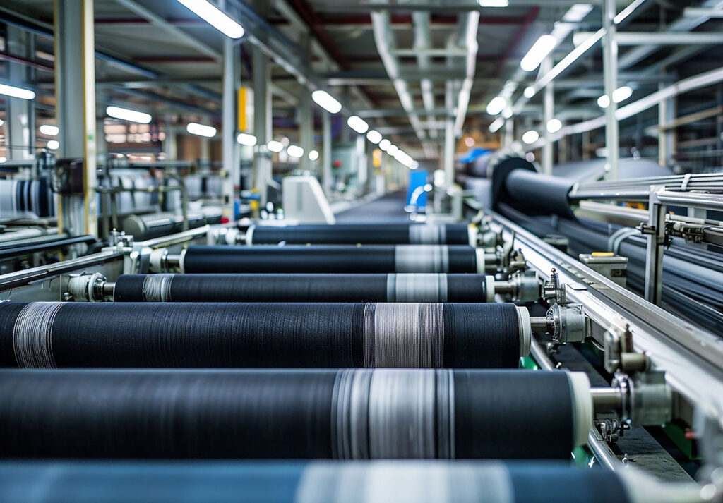 Tekstil fabrikasında üretim bandında sıralanan kumaş makaraları.