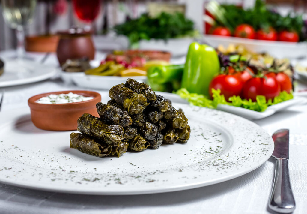 Zeytinyağlı yaprak sarma tabağı ve yoğurt sosu