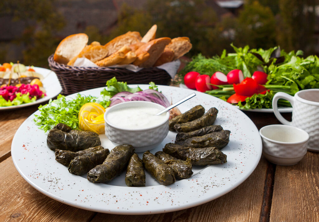 Beyaz tabakta zeytinyağlı yaprak sarma ve yoğurt sosu – yemek stilistliği çekimi