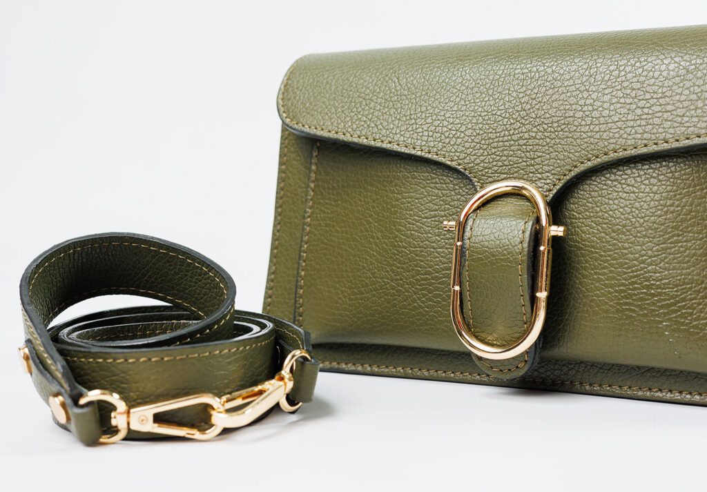 Yeşil deri kadın çanta altın tokalı yakın plan ürün çekimi – NPR Ajans
